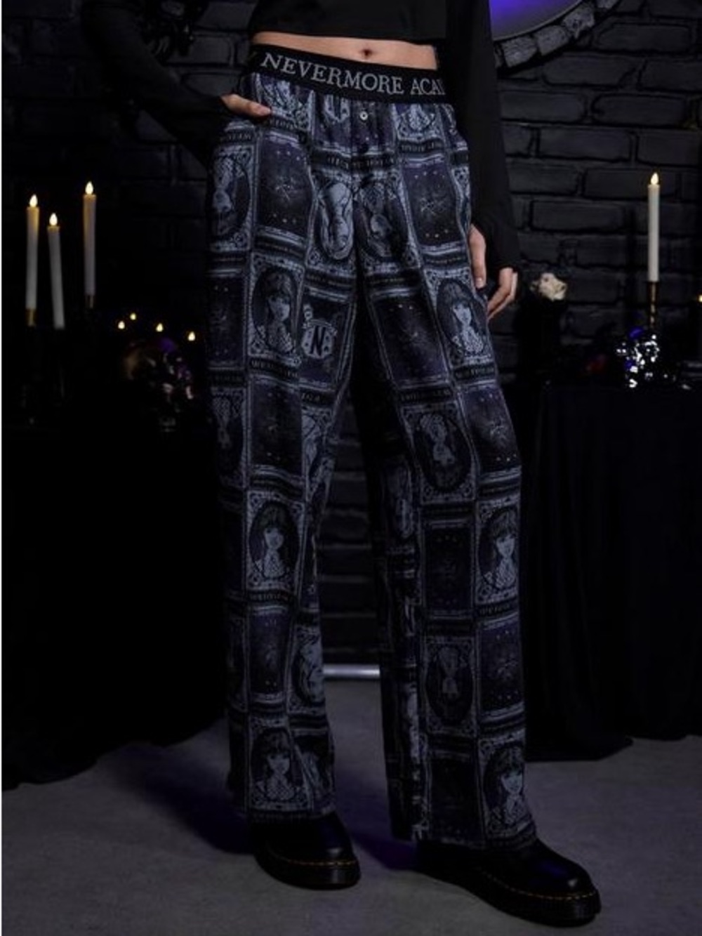 Wednesday Adams Nevermore Academy Black Gothic Print Lounge Pants- New